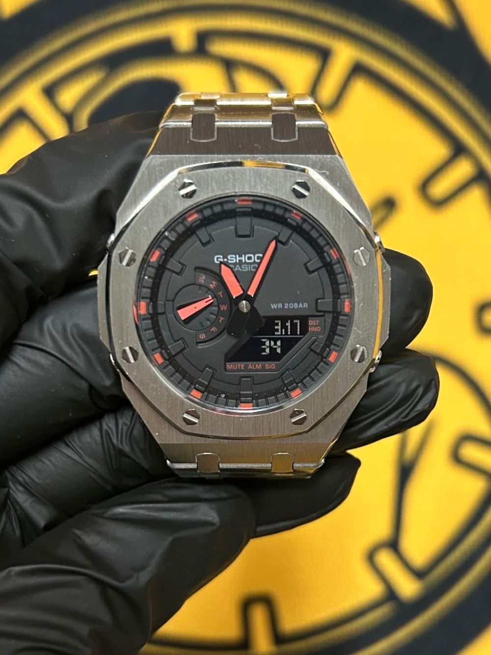 Custom G-Shock Metal Mod – Silver Steel Case & Bracelet, Black Dial, Orange Acce